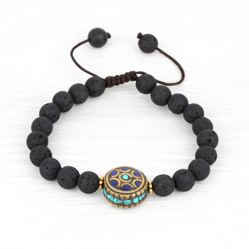 Bracelet en pierre de lave et perle tibétaine