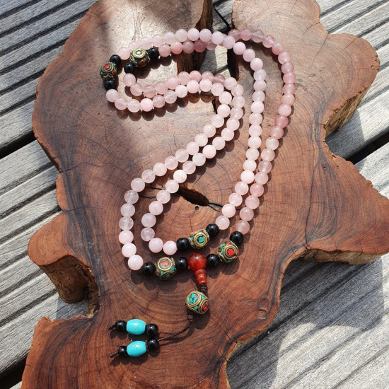 Collier mala tibétain 108 perles en pierre quartz rose