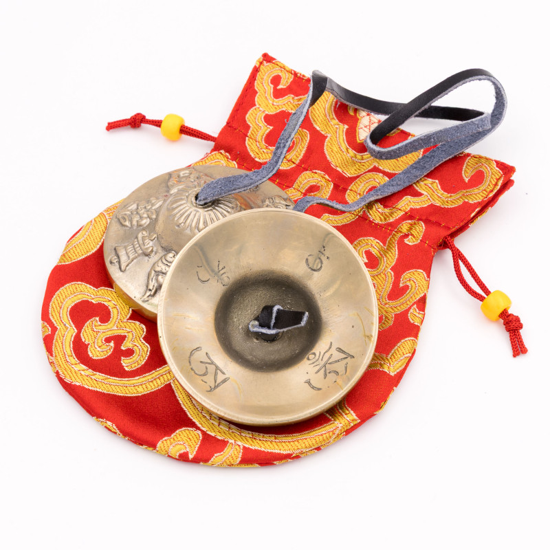 Cymbales bouddhistes en laiton motif Ashtamangala - 60 mm - 189 gr
