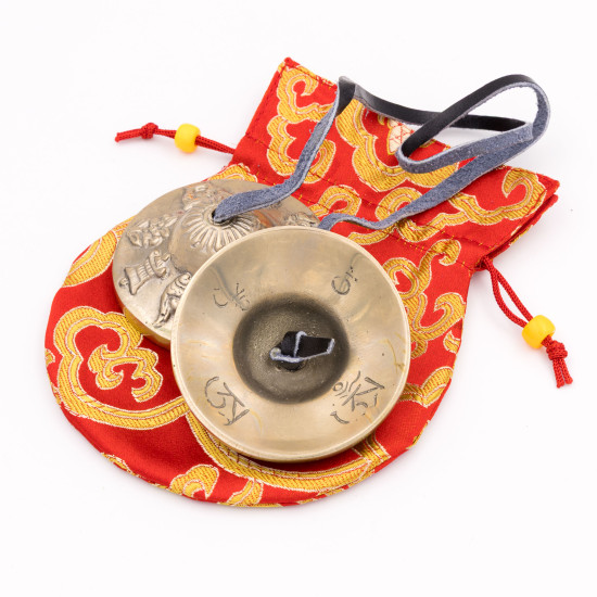 Cymbales bouddhistes en laiton motif Ashtamangala - 60 mm - 189 gr