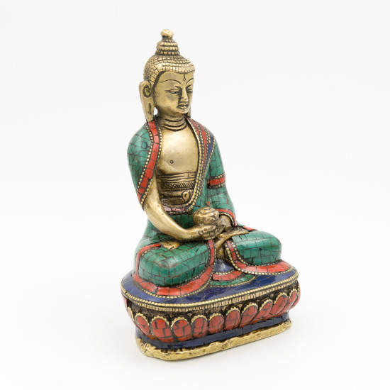 Statue du bouddha Amitabha en laiton, turquoise et corail - 14 cm