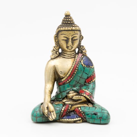 Bouddha Ratnasambhava en laiton, turquoise et corail - 7,5 cm