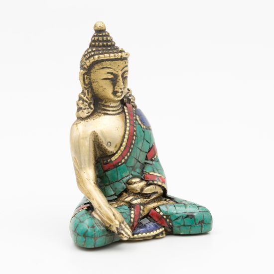 Bouddha Ratnasambhava en laiton, turquoise et corail - 7,5 cm