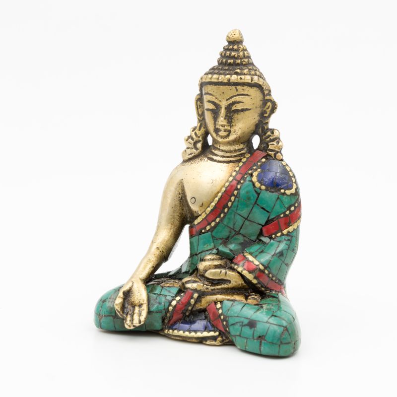 Statuette du Bouddha Ratnasambhava en laiton, turquoise et corail - 8 cm