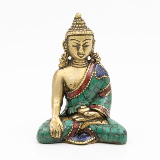 Statuette du Bouddha Akshobhya en laiton, turquoise et corail - 8 cm