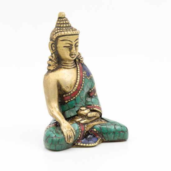 Statuette du Bouddha Akshobhya en laiton, turquoise et corail - 8 cm