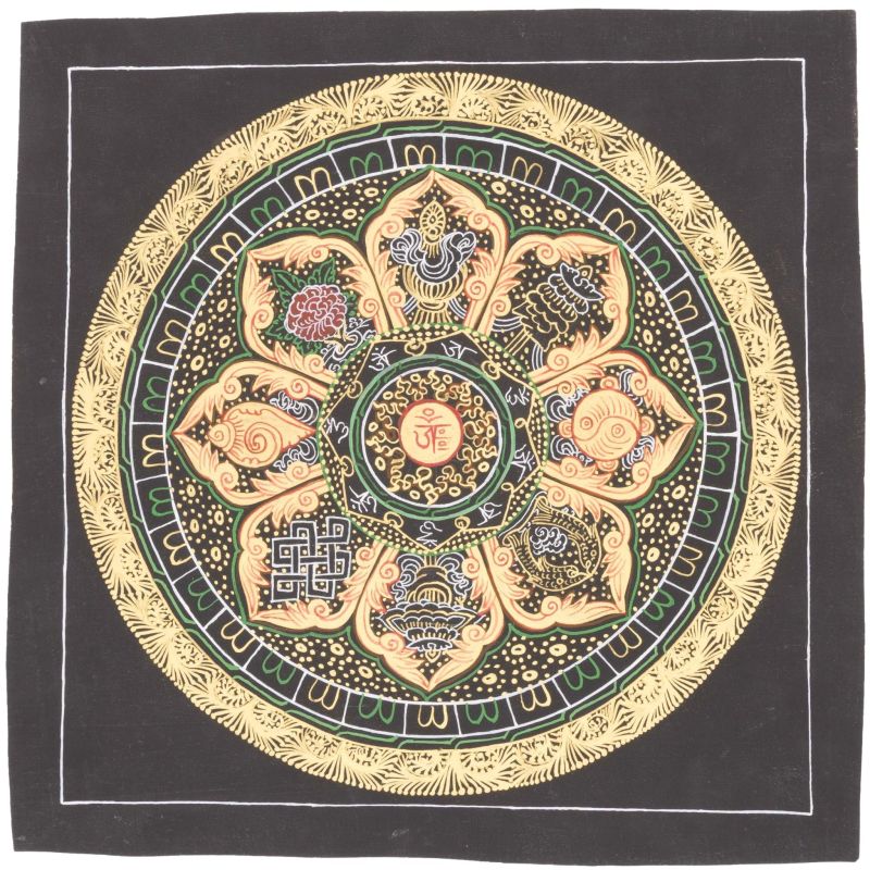 Thangka tibétain des 8 signes auspicieux du bouddhisme
