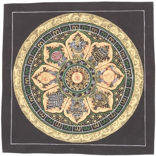 Thangka tibétain des 8 signes auspicieux du bouddhisme