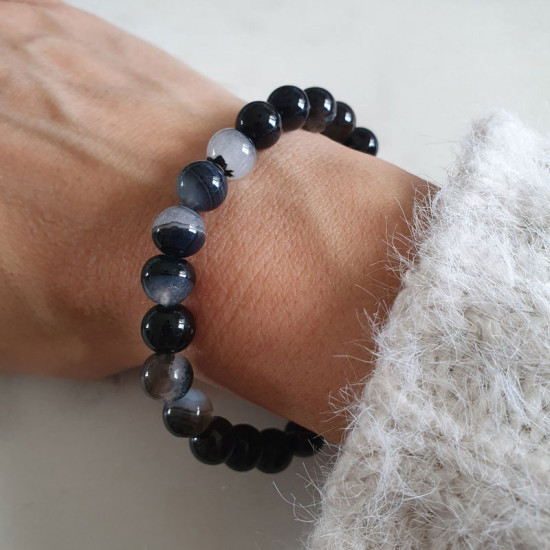 Bracelet agate noire zonée - perles en pierres de 8mm