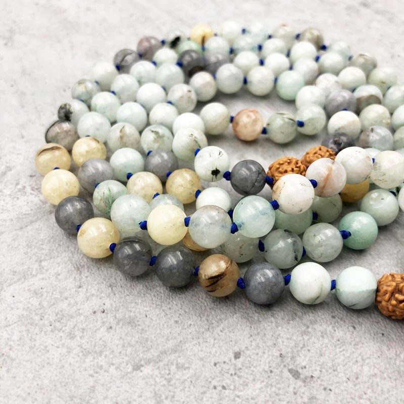 Mala tibétain 108 perles en pierre amazonite multicolore