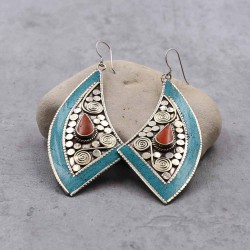Boucles D'oreilles Tibétaines En Turquoise De L'Himalaya - Crochets Argent, Artisanales