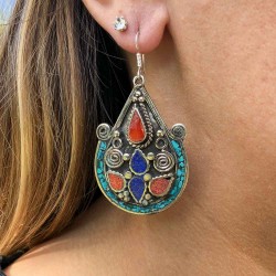Boucles D'oreilles Vintage Argent 925 - Corail Et Turquoise - Fait Main Népal - Neuves
