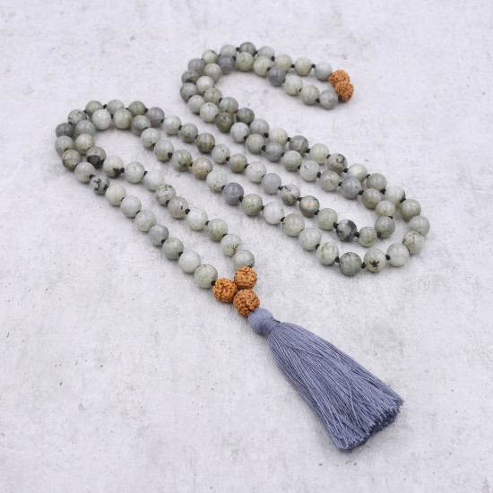 Mala tibétain 108 perles en pierre labradorite grise