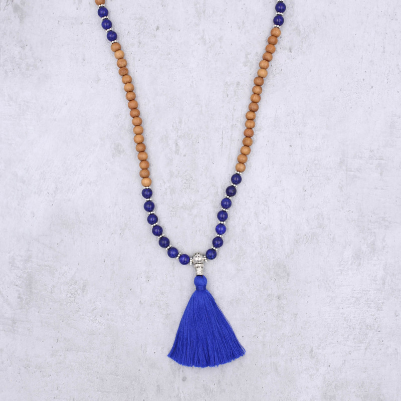Collier mâlâ tibétain en bois de santal et pierre lapis-lazuli