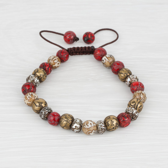 Bracelet mala tibétain en métal, coquillage et corail