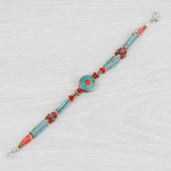 Bracelet tibétain Ramro Somjana en turquoise et corail