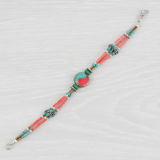 Bracelet tibétain Rato Yin Yang en turquoise et corail