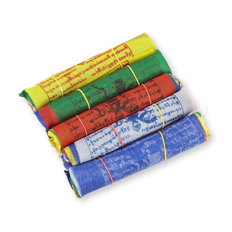 Paquet de 5 drapeaux de prières du Tibet - polyester - 10x9 cm - 1m
