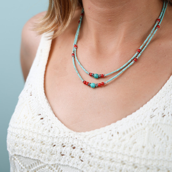 Collier tibétain "Gyatso" en turquoise et corail