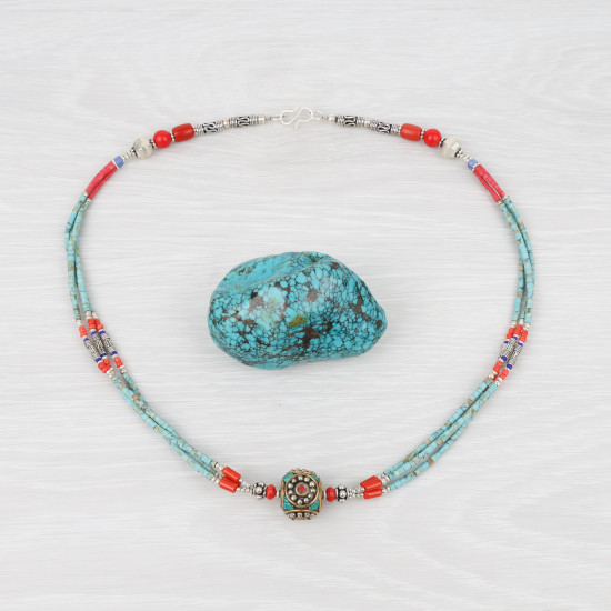 Collier tibétain "Dawa" en turquoise et corail