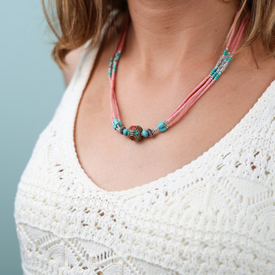 Collier tibétain "Passang" en turquoise et corail