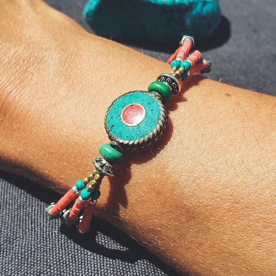 Bracelet tibétain Roue Céleste en turquoise et corail