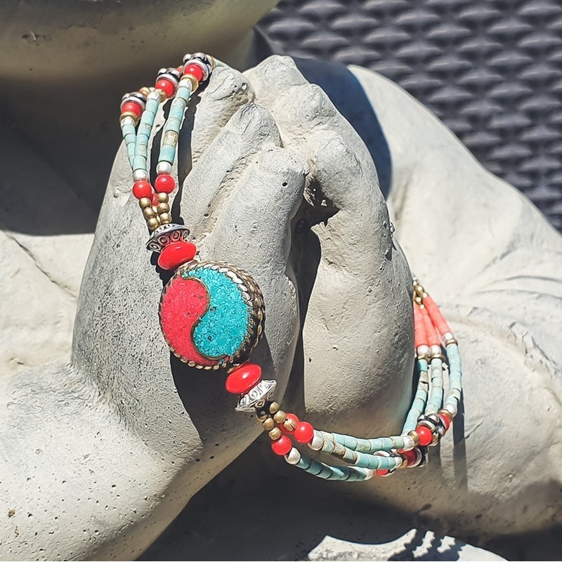 Bracelet Yin Yang en turquoise et corail