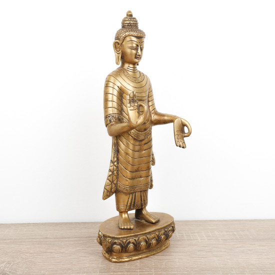 Statue de Bouddha debout en laiton couleur or de 28 cm