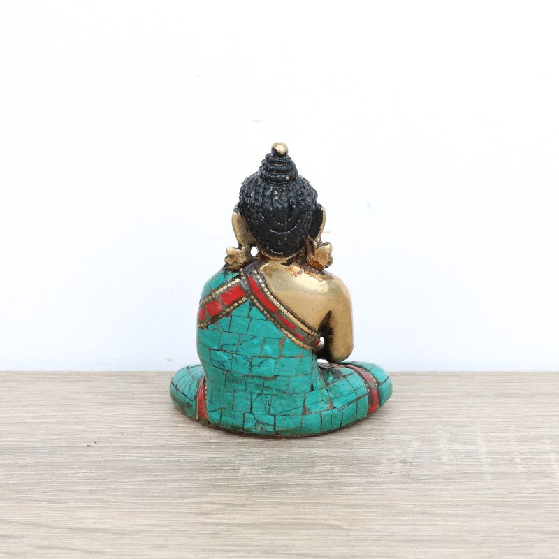Bouddha Amitabha en laiton, turquoise et corail - 7,5 cm