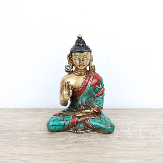 Bouddha Amoghasiddhi en turquoise et corail - 7,5 cm