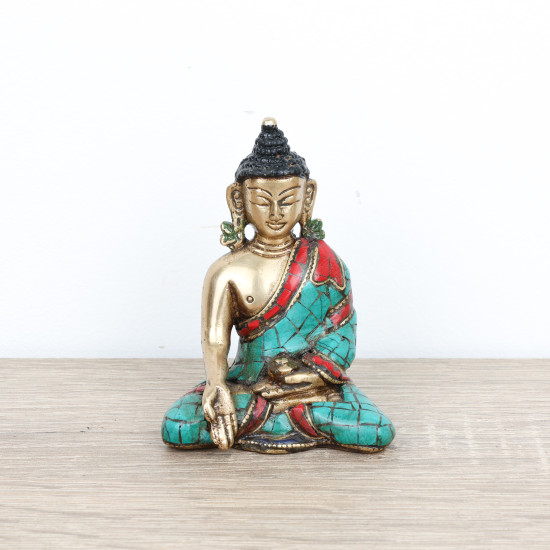 Bouddha Ratnasambhava en turquoise et corail - 7,5 cm