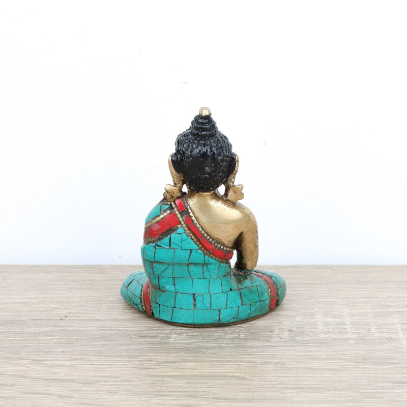Bouddha Ratnasambhava en laiton, turquoise et corail - 7,5 cm