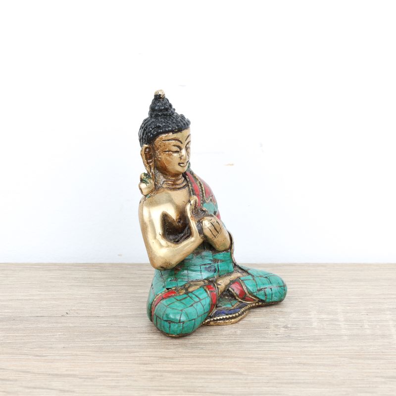 Bouddha Vairocana en laiton, turquoise et corail - 7,5 cm