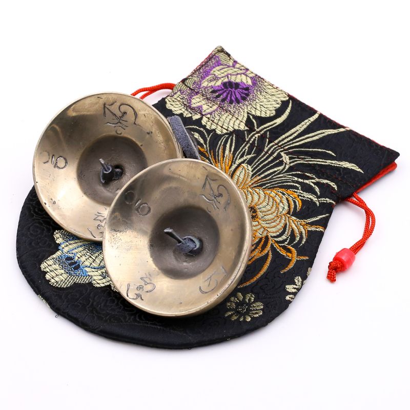 Cymbales tibétaines en laiton motif Ashtamangala - 60 mm - 177 gr