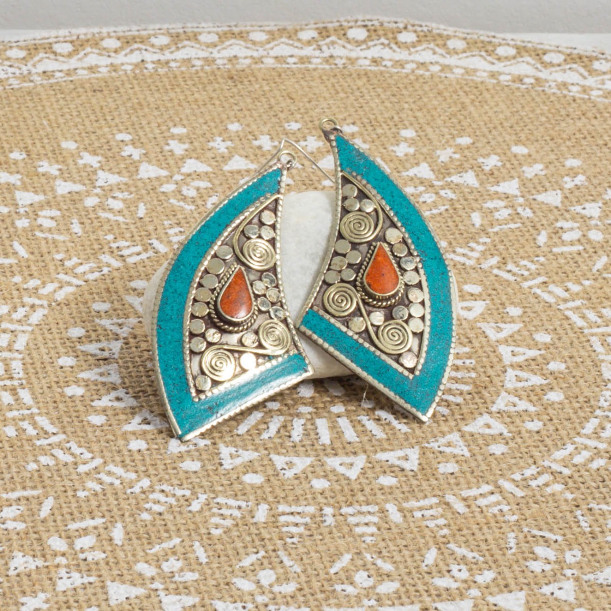 Boucles D'oreilles Style Tibétain Turquoise Reconstituée - Pendantes, Dormeuses, Alliage, Neuves
